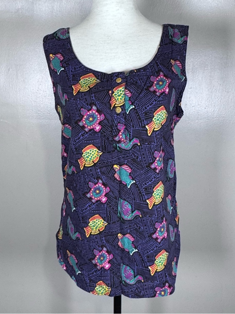Vintage Woolrich Bluebell Neon Tropical Fish Sleeveless Buttons Tank Top Sz M/L